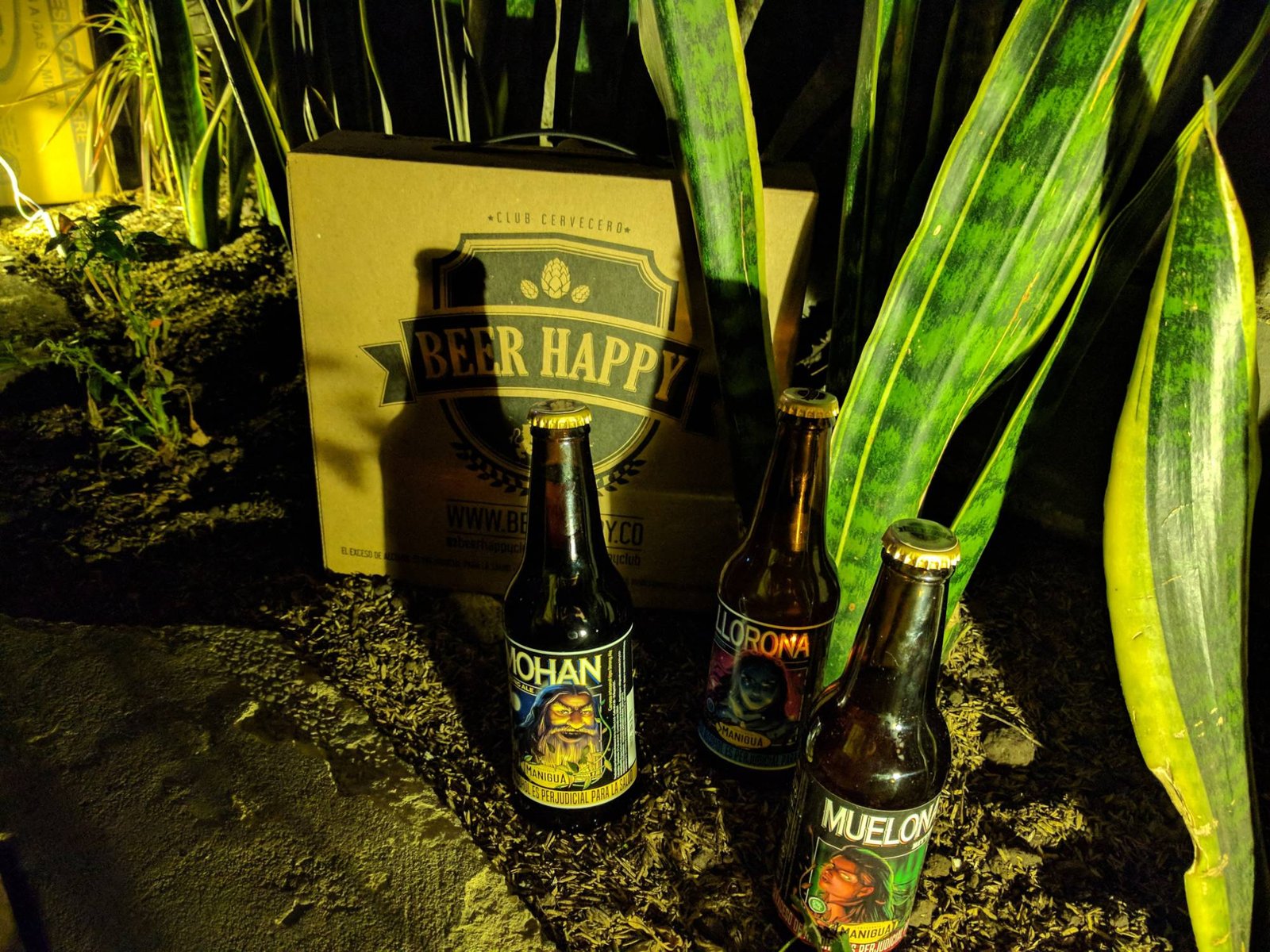 A Beer Happy Club box with Manigua craft beers at night